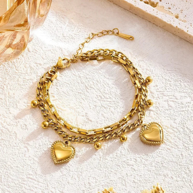 Simple Style Heart Shape 304 Stainless Steel 18K Gold Plated Artificial Rhinestones Bracelets In Bulk